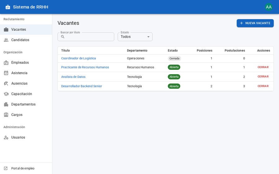 Panel interno de SysRRHH con el módulo de vacantes